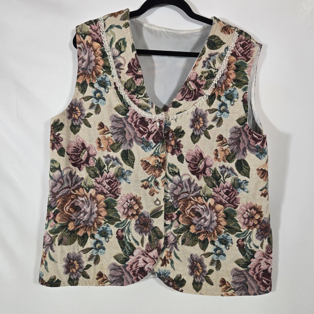 Vintage Tapestry Vest Charm Buttons Artsy Boho Cottage Core Chic | Women's Large